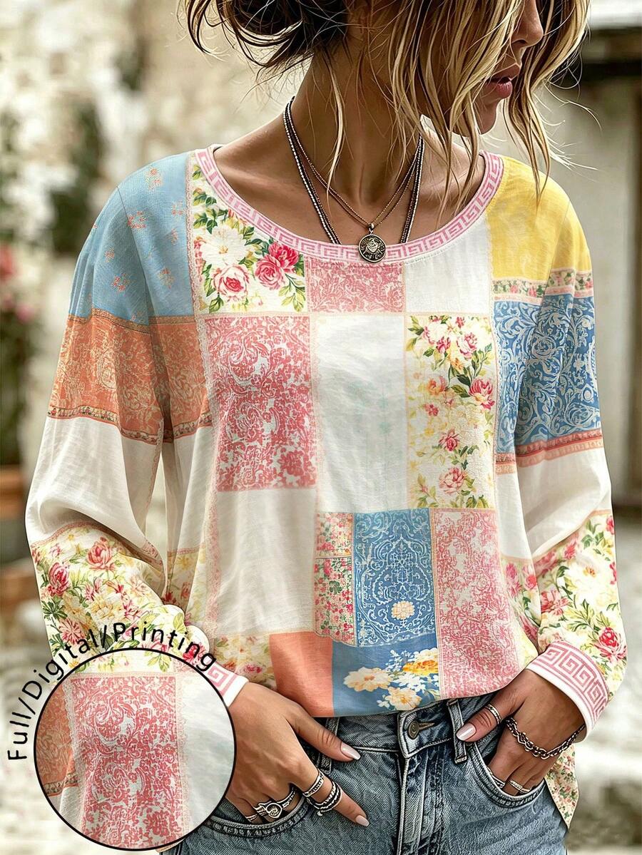 Selamara Women's Casual Floral And Plaid Print Round Neck Long Sleeve T-Shirt, Suitable For Daily Wear Fall - Apricot - View 1