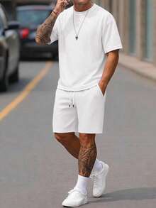 Sorvial 2pcs/Set Men's Short Sleeve Crew Neck T-Shirt And Shorts Set, Jacquard, Size L - White - View 11