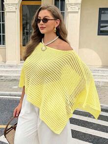 Easura 女款春夏秋時尚休閒熱帶風不對稱鏤空露肩寬鬆顯瘦大尺碼長袖套頭針織上衣海灘風 - 鵝黃色 - 查看 6