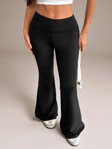 SHEIN Tall Women's Solid Color Slim Fit Versatile Daily Wear Flare Pants - Black - View 13