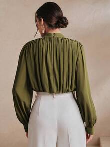 Anewsta Essential Women's New Long Sleeve Elegant Green Round Neck Bodysuit, Army Green Women's Clothing, Vacation Outfit - Army Green - View 5