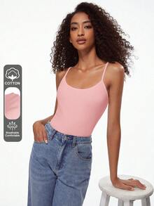 SHEIN BASICS 1件女款純色修身休閒細肩帶背心上衣 白色上衣 - 粉色 - 查看 13