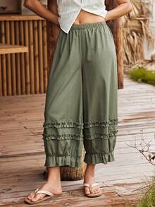 Lullawish Women's Bohemian Style 100% Cotton Ruffle Hem Romantic Loungewear Lantern Pants - Army Green - View 7