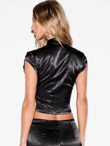 KIZN Satin Crop Top With High Neck Keyhole Cut-Out Detail And Cap Sleeves Slim Fit Party Night Out Summer Style - Black - View 2
