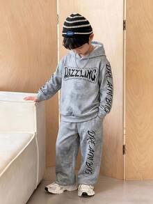2pcs Kids Young Boys Casual Streetwear Korean Style Snowflake Print Hoodie Long Sleeve Sweatshirt And Elastic Waist Sweatpants Set, Suitable For Back To School, Birthday, Baby Shower, Holiday Party, Autumn/Winter - Grey - View 5
