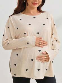 SHEIN Plus Size Maternity Long Sleeve Round Neck Loose Fit Split Hem Digital Print T-Shirt Gender Reveal Autumn Fall Fashion Week Photoshoot Black - Apricot - View 3