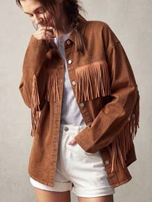Bohemela Women's Drop Shoulder Long Sleeve Single-Breasted Casual Fringe Design Denim Jacket - Khaki - View 5