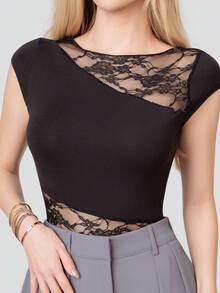 PRISCILA ESCOTO PRISCILA ESCOTO Women's Contrast Lace Bodysuit With Capped Sleeves, Slim Fit & Sexy Vacation Black - Black - View 3