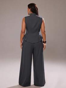 Rustia Plus Size Women Summer Thin Waist-Cinched Chinese-Style Suit Set - Grey - View 2