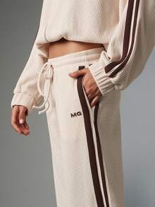 MISSGUIDED MG 華夫格針織寬腿休閒長褲，對比側條紋抽繩腰頭，秋冬居家休閒服 - 杏色 - 查看 8