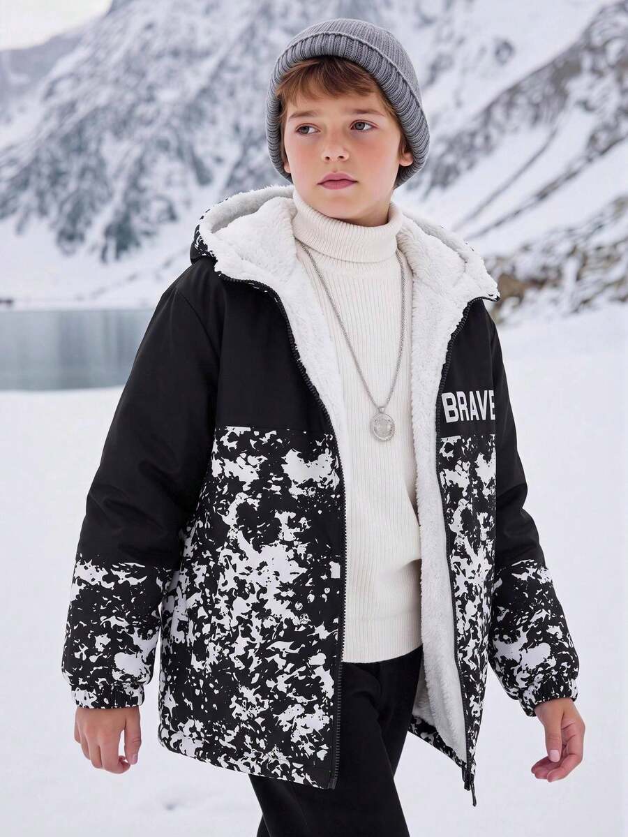 SHEIN 兒童青少年男孩休閒運動紮染潑墨印花連帽寬鬆長袖加厚保暖內裡連帽外套,適合秋冬,復古男孩外套,冬季上衣,冬季外套 - 黑色 - 查看 1