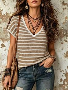 LUMIGAL Horizontal Striped V-Neck Trimmed Cuff Short Sleeve Fitted Knit Top - Multicolor - View 1