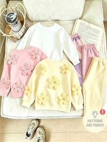 SHEIN 3件/1件隨機發送女童甜美3D毛絨花朵圓領衛衣套裝，溫柔馬卡龍色休閒套裝，長袖上衣搭配鬆緊腰長褲，寬鬆舒適，清新可愛，適合春秋季外出與日常穿著，韓系溫柔休閒童裝套裝 - 彩色 - 查看 2