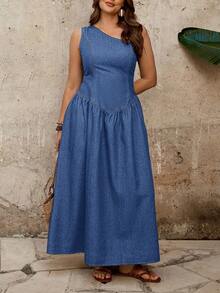 SHEIN EMERY ROSE CURVE Vestido de mezclilla versátil con un hombro y fruncido para talla grande - Azul lavado medio - Ver 4