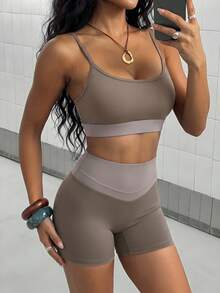 SHEIN HypeZone Women's Cropped Tank Top And Shorts Sports Modest Sporty Set Workout Gym Mauve Summer - Multicolor - View 1