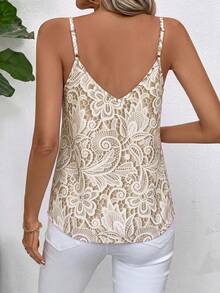 SHEIN Clasi 女款蕾絲休閒百搭日常穿著細肩帶背心上衣 - 卡其色 - 查看 2