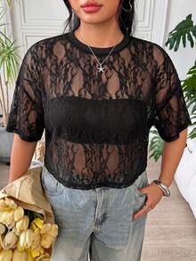 SHEIN EZwear 大尺碼女款刺繡優雅透視T恤，適合度假與派對 - 棕色 - 查看 3