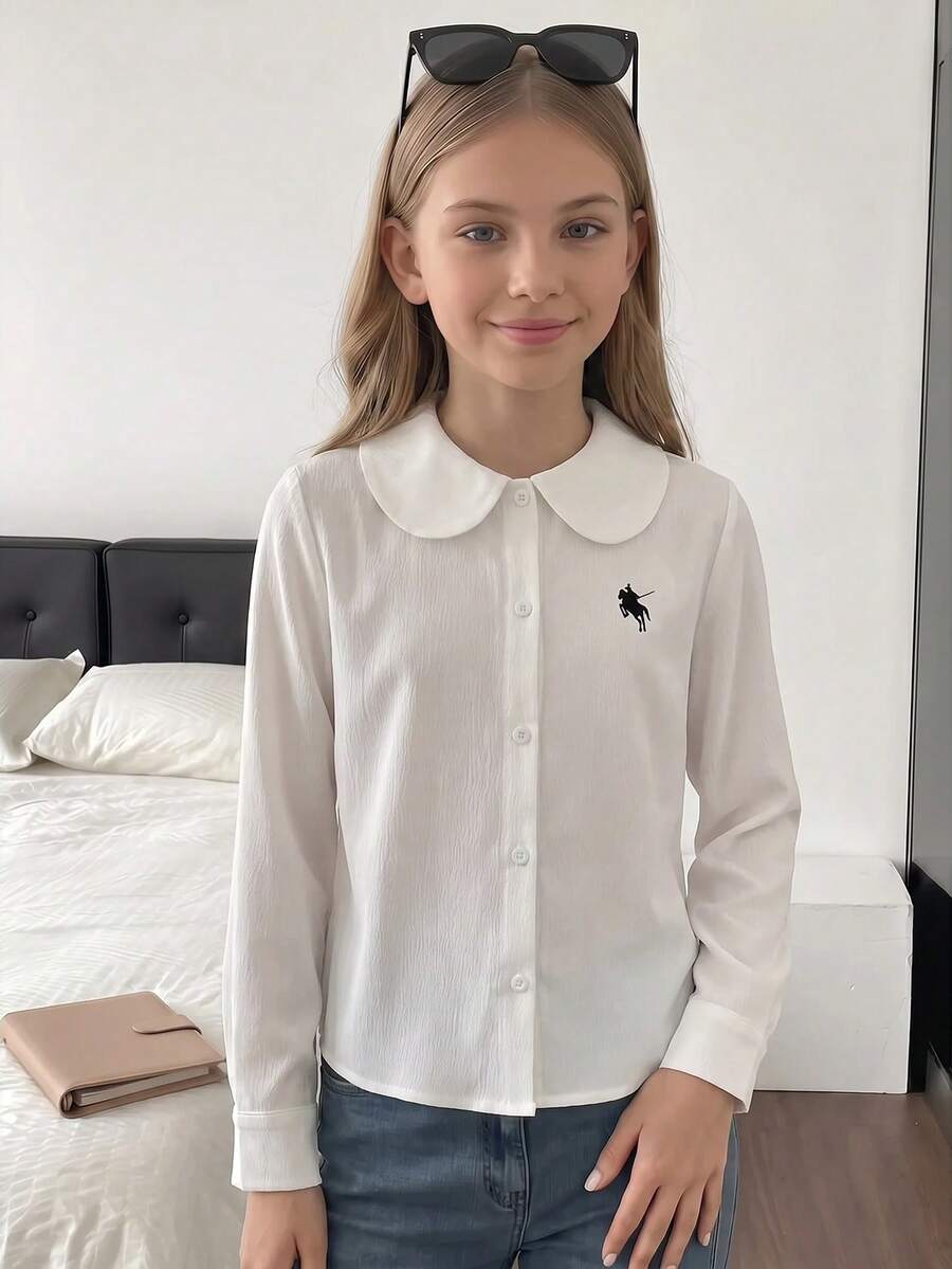青少年女孩甜美可愛彼得潘領收腰襯衫 - 白色 - 查看 1