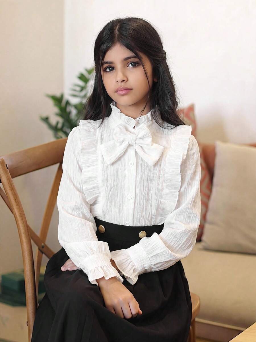 SHEIN Tween女孩休閒日常百搭舒適蝴蝶結裝飾長袖襯衫 - 白色 - 查看 1