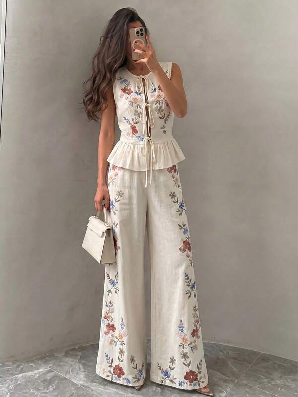 NOVVYNE Women's Spring/Summer Woven Digital Print Sleeveless Lace-Up Waist-Cinching A-Line Casual Top And Straight Leg Pants 2-Piece Set Summer Vacation