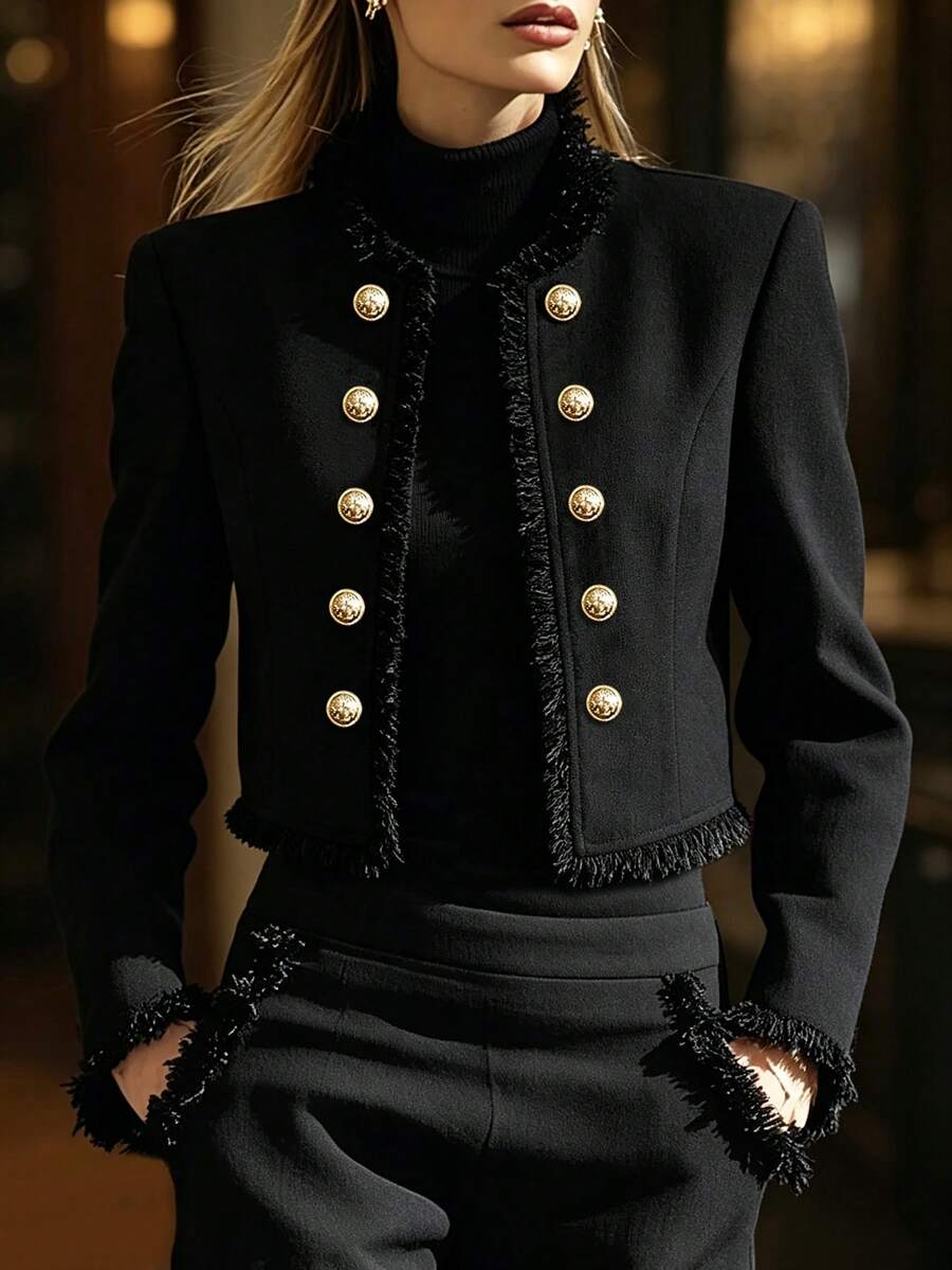 Balvessa Women's Black Patchwork Frayed Hem Short Jacket - Black - View 1
