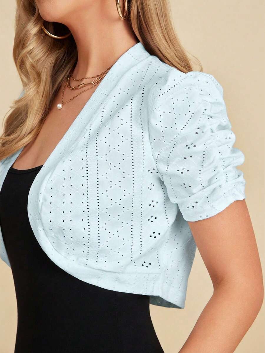 SHEIN Clasi 女款優雅白色短袖短版夾克 波西米亞風音樂會穿搭 - 淺藍色 - 查看 1