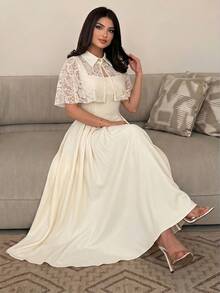 Modelyn 女款春夏季杏色編織無袖吊帶腰部收腰抓皺蕾絲拼接假兩件式優雅浪漫阿拉伯風洋裝 - 杏色 - 查看 5