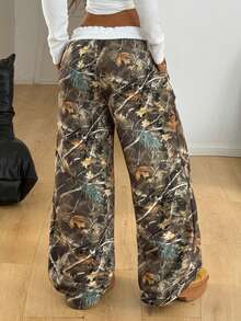 Coolane Pantalones casuales de pierna ancha con estampado de ramas de árbol de otoño - Verde militar - Ver 6