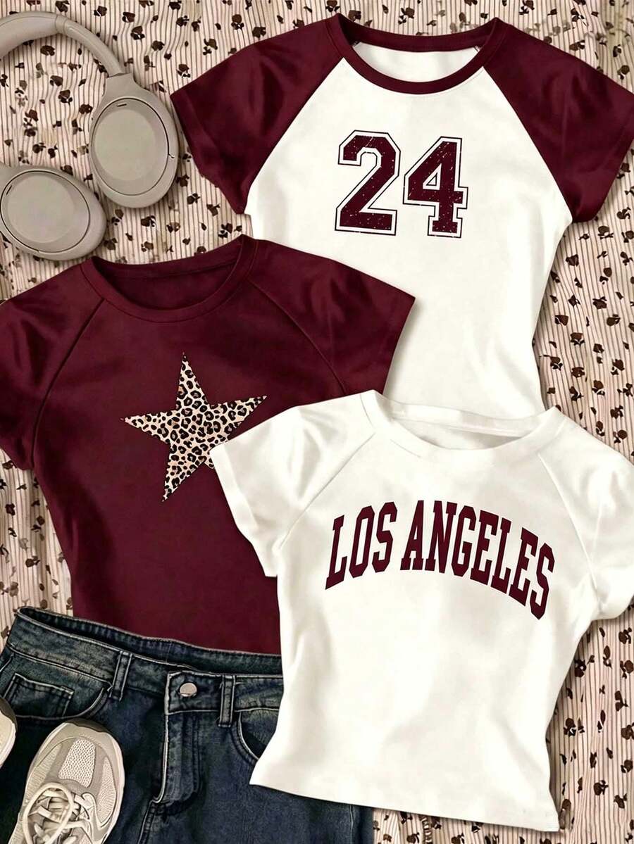 SHEIN Sparklyn Big Girls Fresh Style All-Match T-Shirt, Spring Relaxed Fit, Versatile Design Suitable For School, Learning - Multicolor - View 1