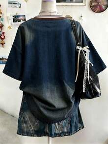Lalippa 女款字母印花夏季短袖T恤上衣，杏色與酒紅色圖案，學生戶外街頭風大尺碼女款T恤 - 彩色 - 查看 2