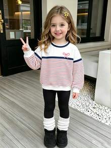 (1套) 秋冬女童幼兒清新粉色蝴蝶結酒紅白色條紋海軍藍拼色基本款圓領運動衫搭配內搭褲 - 彩色 - 查看 3
