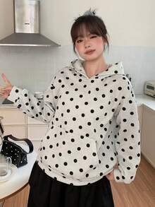 Dazy Plus Large Polka Dot Loose Hooded Sweatshirt For Girls, Casual Daily Wear, Spring And Autumn - Light Grey - View 2