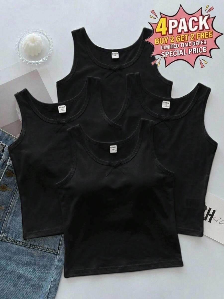 SHEIN 4件組新款熱銷青少年女孩白色可愛蝴蝶結舒適休閒無袖內搭背心，適合居家或戶外穿著，夏季新品，4件白色無袖背心「四季」 - 黑色 - 查看 1