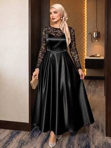 Auveirra Gaun Pesta Formal Koktail Hitam untuk Wanita Ukuran Besar dengan Hiasan Renda dan Patchwork, Elegan, Tradisional, dan Mengencangkan Pinggang, Warna Hitam untuk Musim Gugur/Musim Dingin - Hitam - View 10
