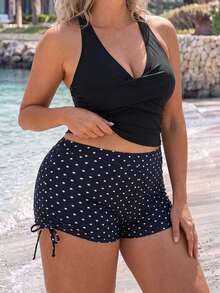 Swim Lushoire Plus Size Ruched Tank Top And Polka Dot Print Tie-Front Shorts Swimwear Set For Vacation - Multicolor - View 1