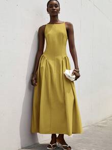 Aveloria Modichic Elegant Elegant Party Off-Shoulder Spaghetti Strap Cool Asymmetrical Shoulder Sleeveless Cinched Waist Woven Puff Skirt Exaggerated Large Hem A-Line Floral Sheer Textured Fabric Year-End Extra Long Dress - Yellow - View 5