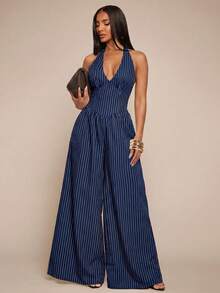 Radiana Plus Size Women's Sexy Elegant Sophisticated Slim Fit Navy Blue Striped Halter Neck Jumpsuit, Suitable For Commuting, Meetings, Office, Siren, Vintage - Navy Blue - View 7