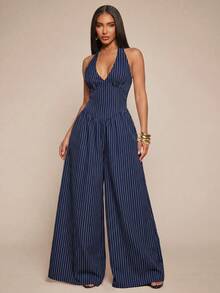 Radiana Plus Size Women's Sexy Elegant Sophisticated Slim Fit Navy Blue Striped Halter Neck Jumpsuit, Suitable For Commuting, Meetings, Office, Siren, Vintage - Navy Blue - View 5