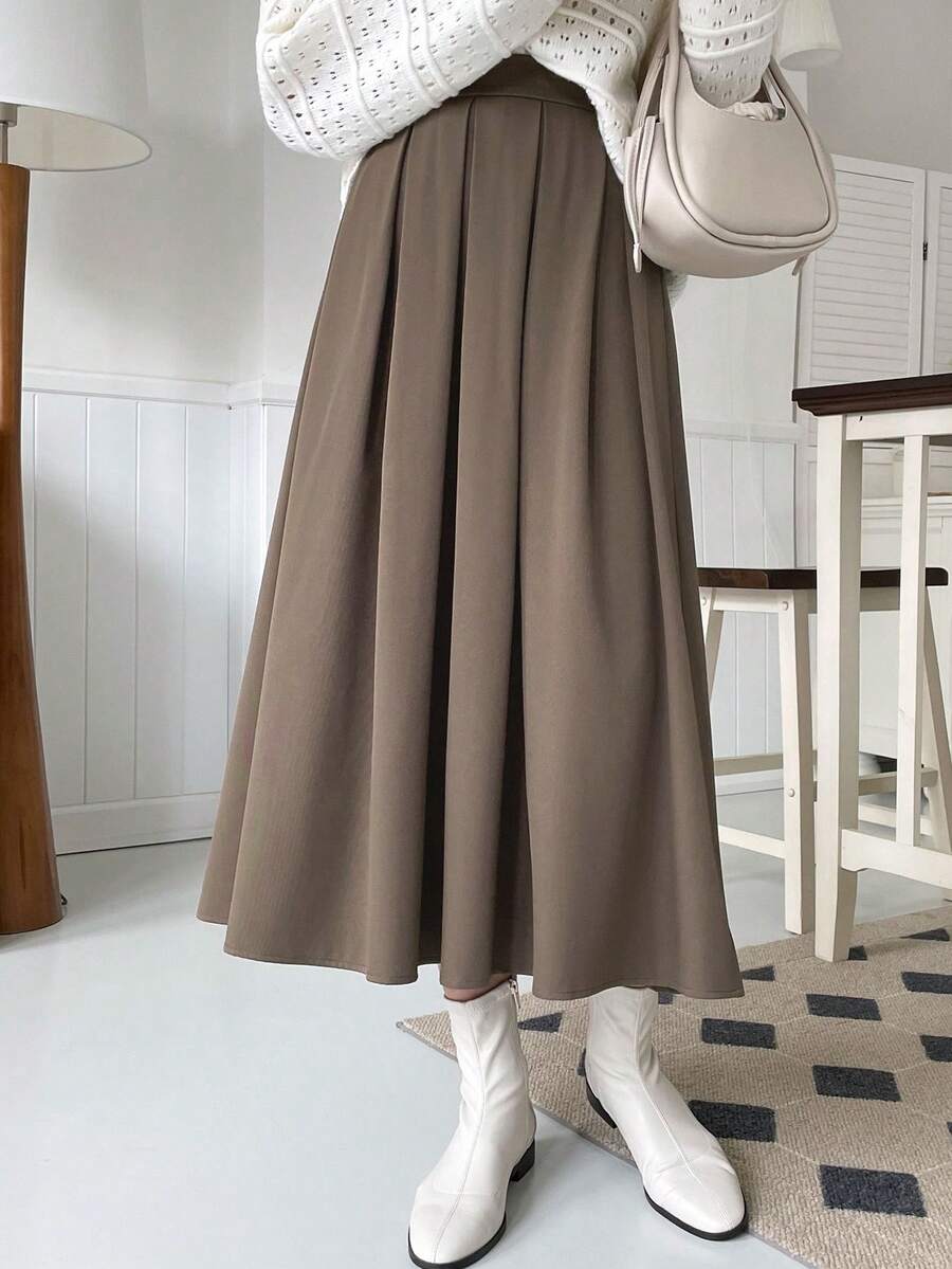 DAZY Falda plisada de unicolor versátil y de moda para ir al trabajo - Marrón Mocha - Ver 1
