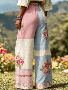 Selamara Plus Size Women's Tie Waist Floral Print Casual Versatile Everyday Pants - Multicolor - View 2