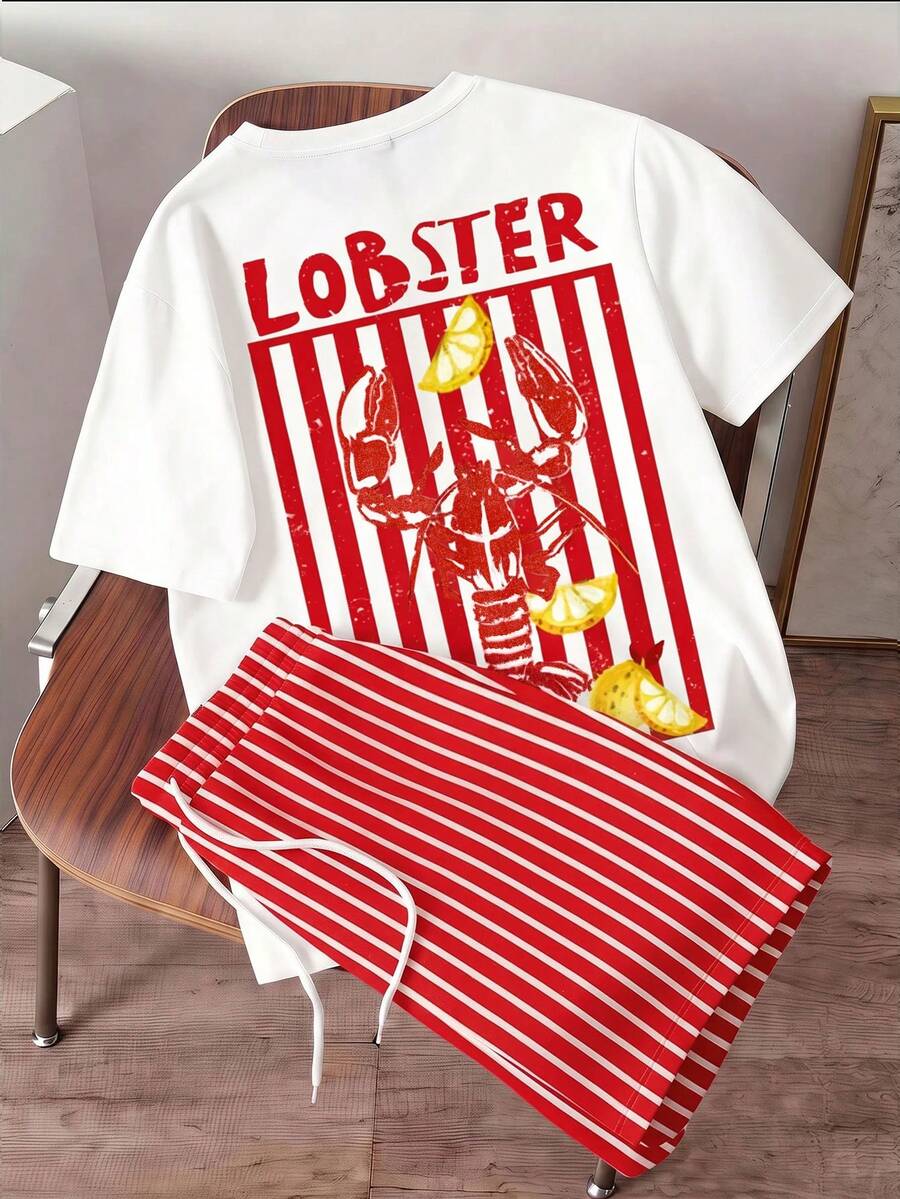 Manfinity Joysei Men's Letter & Lobster Print Short Sleeve T-Shirt And Striped Drawstring Waist Shorts Set - Red - View 1