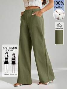 SHEIN Tall 100%水洗棉低腰直筒褲，適合高個女性 - 軍綠色 - 查看 5