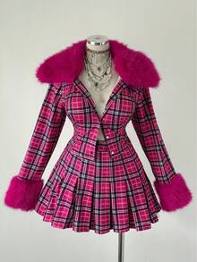Sunspun Y2K Girly Style Furry Collar Pleated Skirt Cute Minimalist Sexy Mini Skirt 2 Pieces Set Fall - Pink - View 5