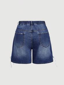 SHEIN MOD 大尺碼夏季休閒撞色條紋蝴蝶結裝飾牛仔短褲 Jorts 牛仔短褲 - 深色水洗藍 - 查看 3