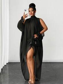 Maweii Plus Size Solid Color Asymmetric Hem Elegant Mandarin Collar Dress Fall - Black - View 1
