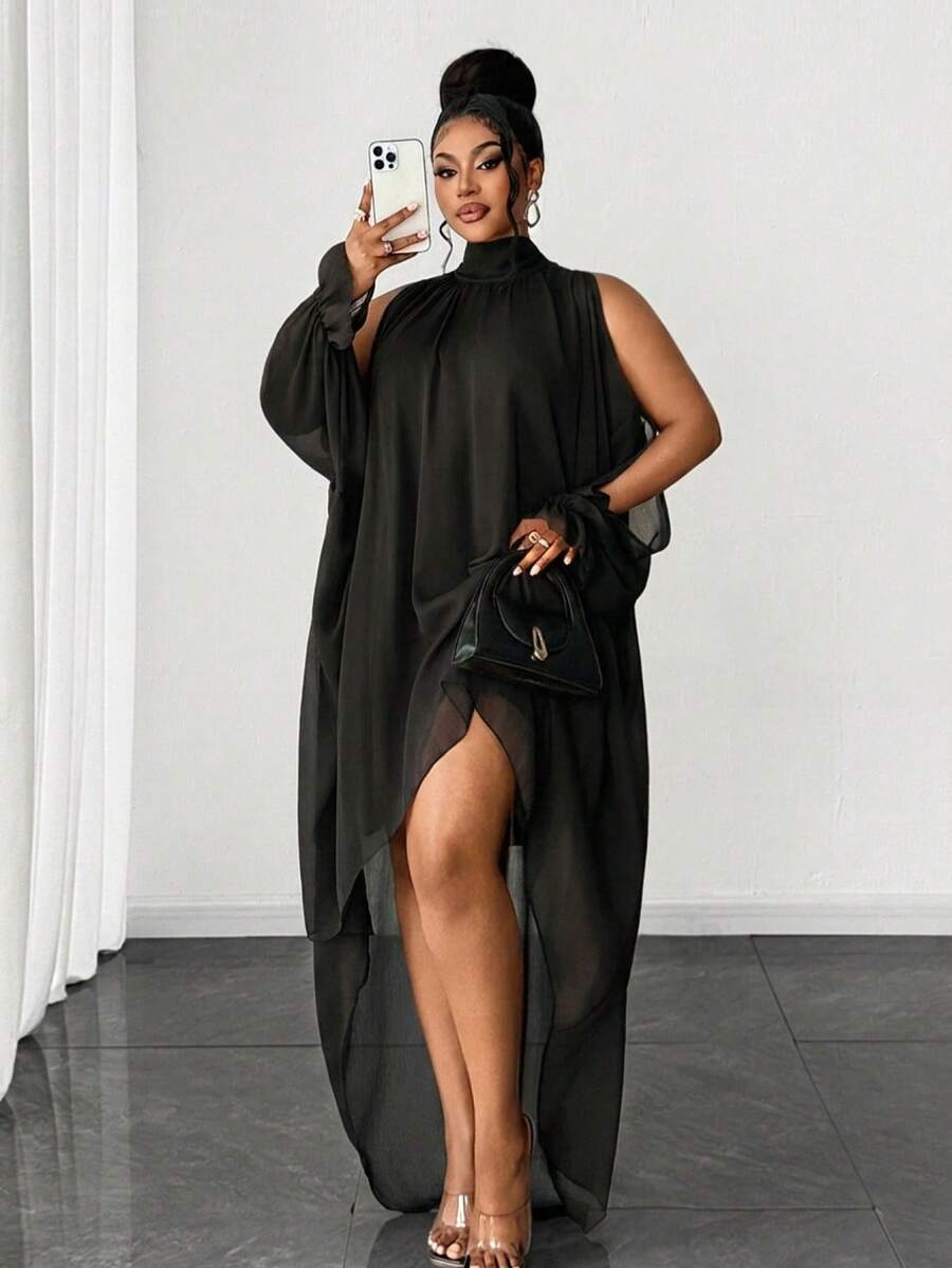 Maweii Plus Size Solid Color Asymmetric Hem Elegant Mandarin Collar Dress Fall - Black - View 1