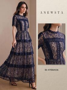 Anewsta Petite Summer New Short Sleeve Navy Blue Multi-Layer Lace Ruffle Hem Elegant Versatile Long Dress - Navy Blue - View 8