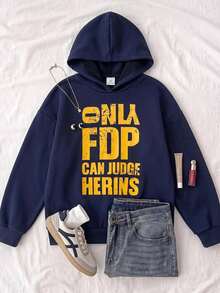 SHEIN Tween Girl Autumn/Winter Street Tween Girl Vintage Print Hooded Long Sleeve Sweatshirt, Suitable For Daily, Back To School, Commuting - Navy Blue - View 3