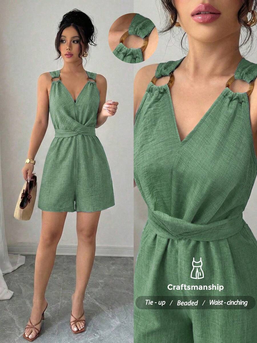 Elenzga Jumpsuit Wanita Elegan Biru Kerah V Tanpa Lengan dengan Hiasan Pita dan Desain Pas Badan, Cocok untuk Musim Semi dan Musim Panas - Hijau - View 1