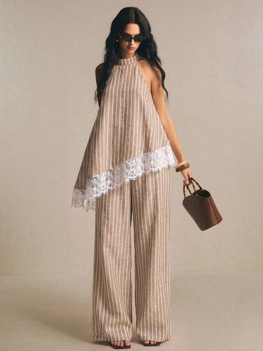 Poéselle Women's Beige Stripe Contrast Lace Asymmetric Hem Halter Top And Wide Leg Pants 2 Pieces Set Summer Elegant Tropical Beach Brunch Vacation